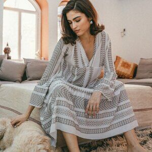 Silk & Salt Summer of Love Sage Green & White Maxi Dress, Long Sleeve, V-Neck